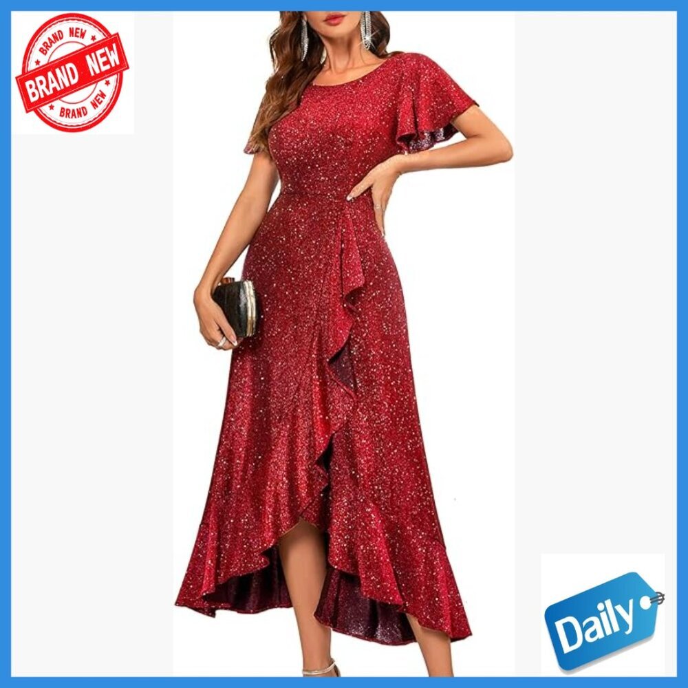 Sequin Maxi Formal Dress with Ruffled Hemline for Wedding Cocktail Party
